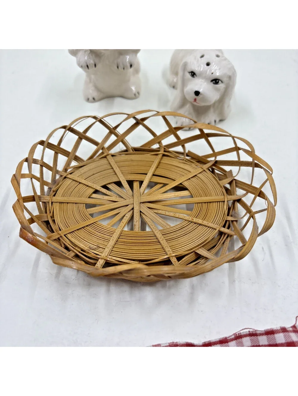 RARE Vintage Salt And Pepper Shakers Dog’s in a basket with red gingham fabric